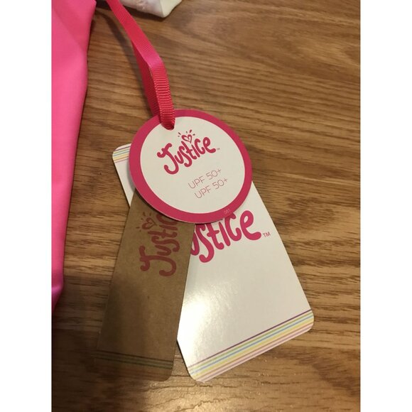 Justice Girls' S/P Short Sleeve Swim Set UPF 50+ Pink/Black/White Beach Rash - Picture 2 of 6